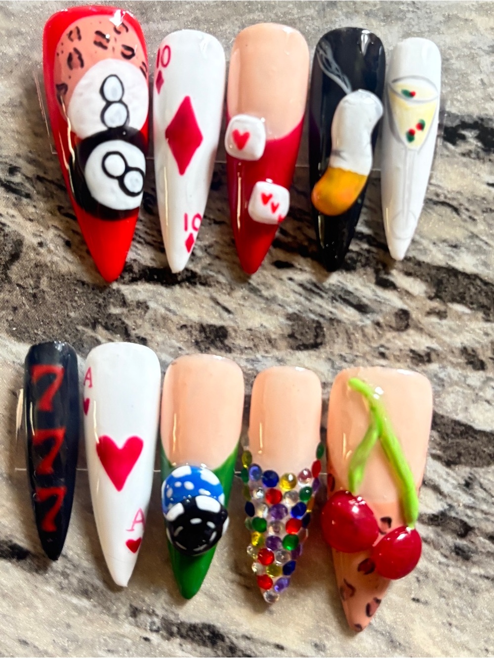 Custom Casino & Cherry Stiletto Nail Set - Red White Black